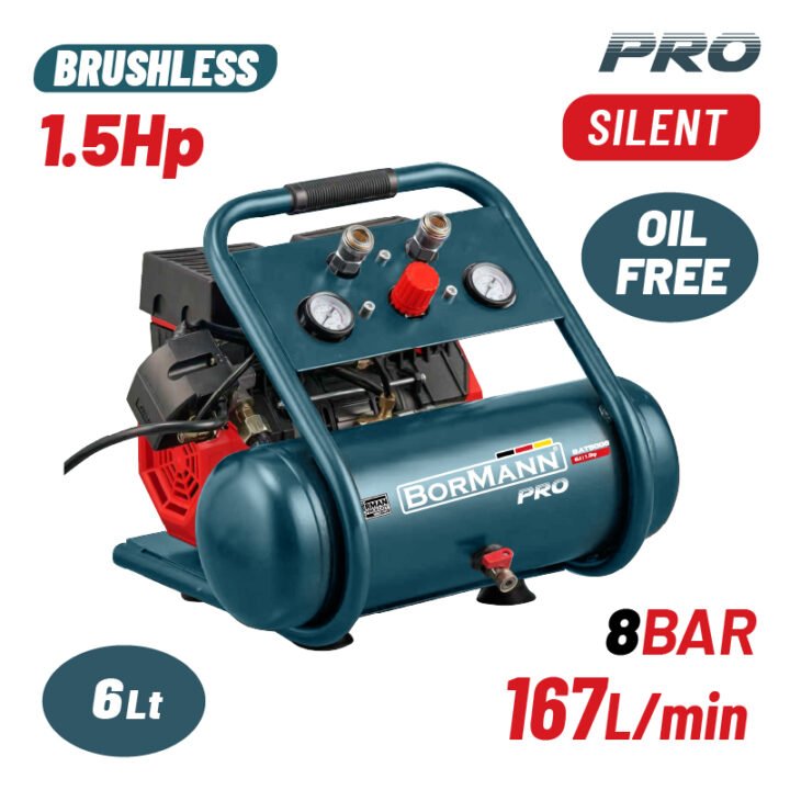 BORMANN BAT5006 Αεροσυμπιεστής Μονομπλόκ, Oil Free, Silent,Brushless, 1.5Hp,6L, 167L/min