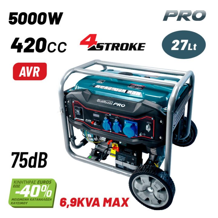 BORMANN Pro BGB6000 Γεννήτρια Βενζίνης 5000W, 7kVA, 420cc, 75dB, AVR, Μίζα,Μπαταρία, Τροχοί