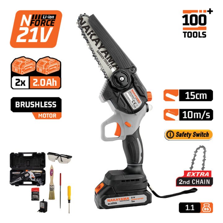 NAKAYAMA EC1100 Κλαδ Αλυσοπρίονο Μπατ 20V, Brushless,Λάμα 15cm ,1kg, 1/4'' 1,1mm 37Links, 10m/s,2x2Ah